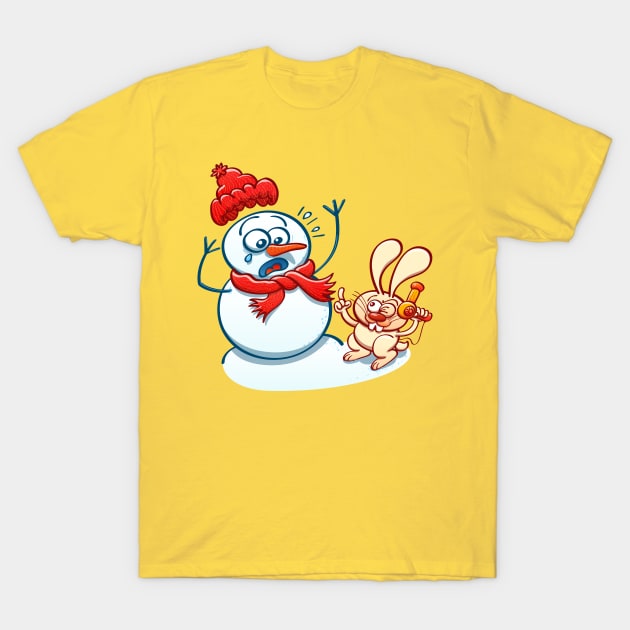 Naughty bunny stealing the carrot nose of a Christmas snowman with a hair dryer T-Shirt by zooco